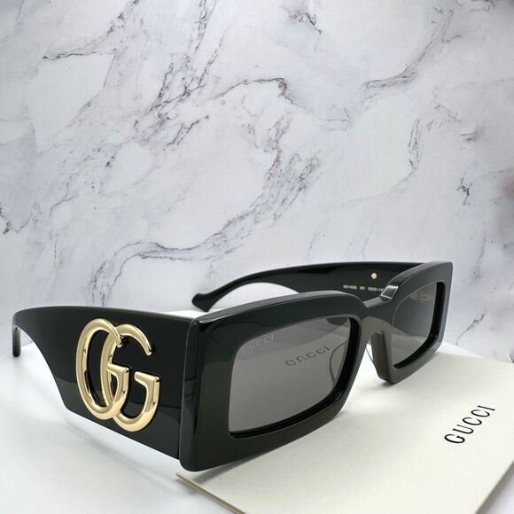 New Gucci Sunglasses Black Gold Rectangle Square - Picture 16 of 16